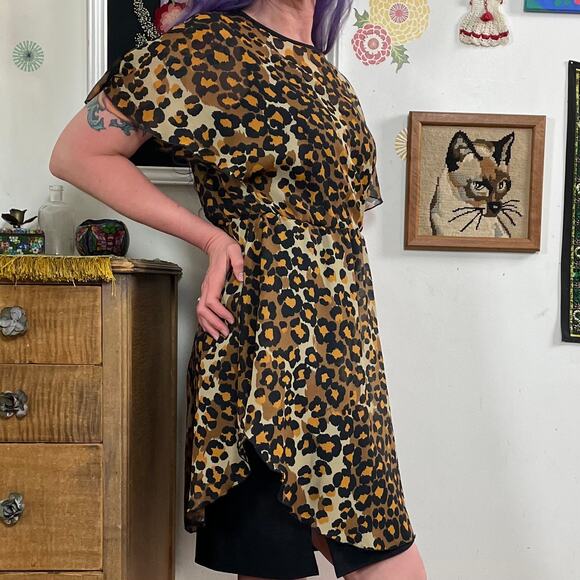 Vintage Leopard Print Dress, 1970s Punk Party Dress w Sheer Overlay, Sz S - Picture 6 of 10